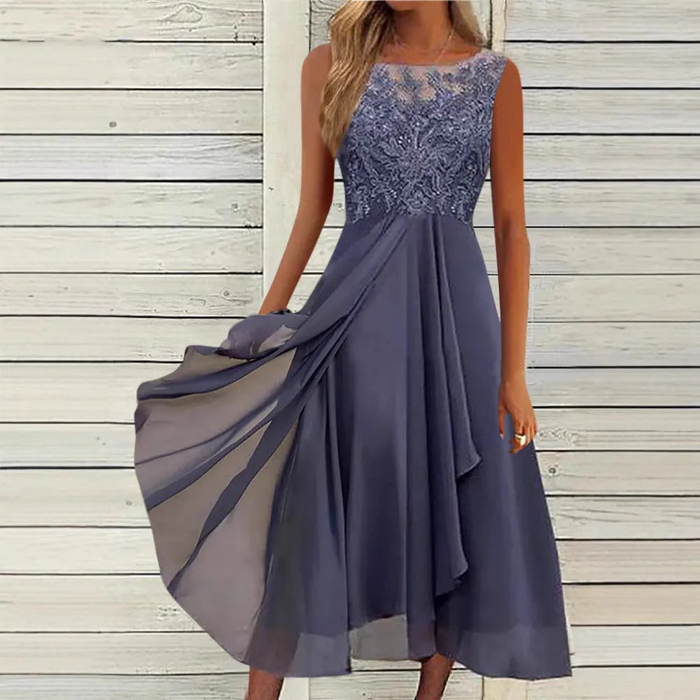 Women's sleeveless chiffon dress with lace hollow-out stitching in blue, green, or purple.