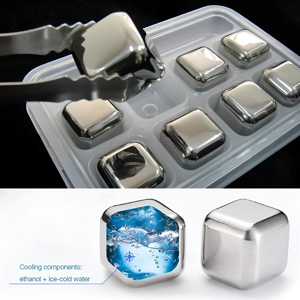 Set of stainless steel reusable whiskey stones in various shapes with metal tongs on a wooden surface.