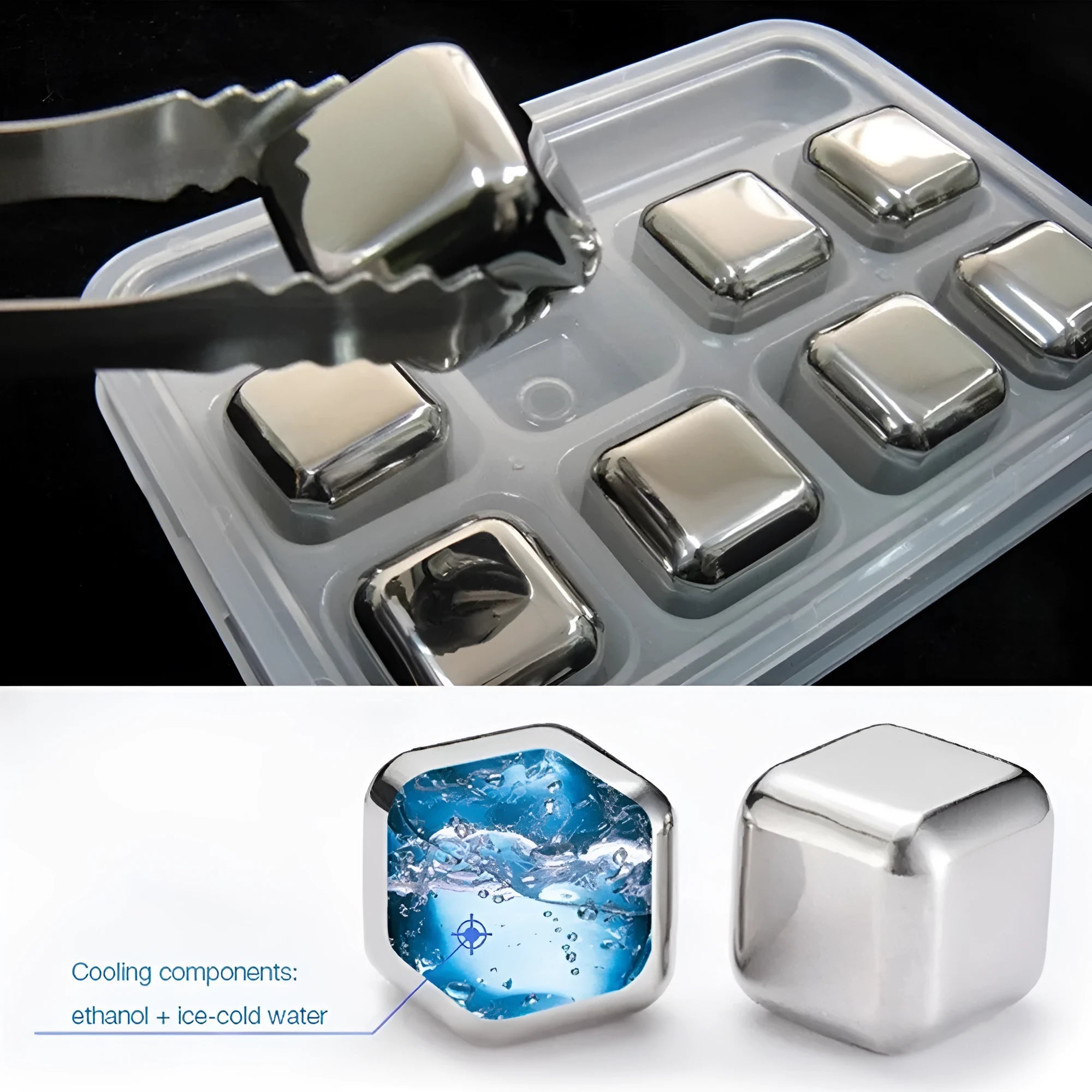 Set of stainless steel reusable whiskey stones in various shapes with metal tongs on a wooden surface.