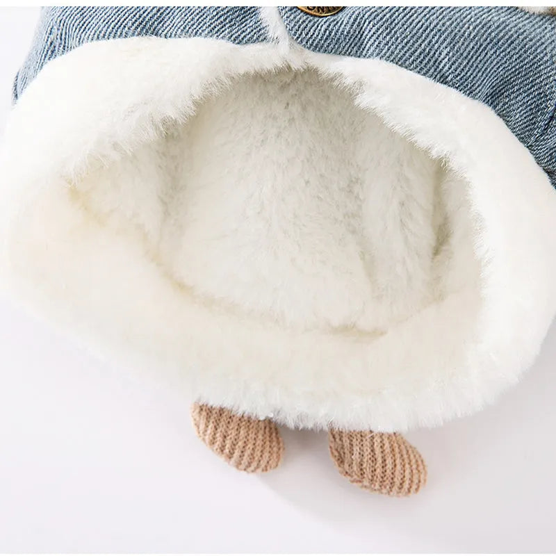 Blue denim pet coat with 3D bear pocket and wool lining for warm winter walks