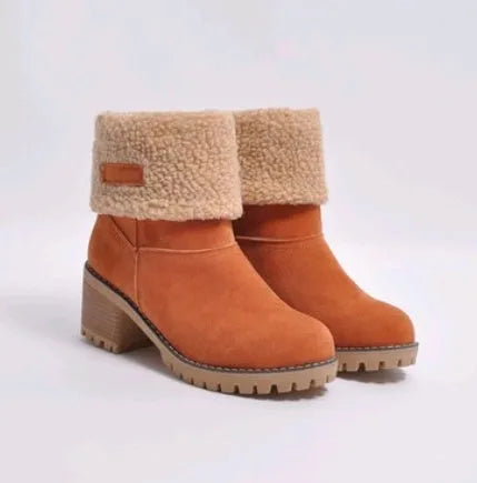 Women's suede mid-tube snow boots with a thick heel and round toe in various colours.