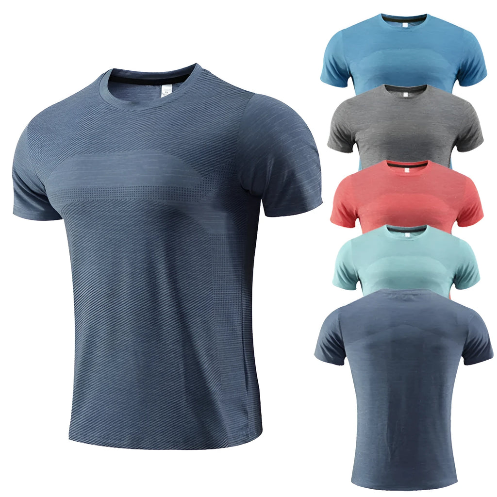 Men's short-sleeved athletic t-shirt for running and basketball in a polyester spandex fabric.