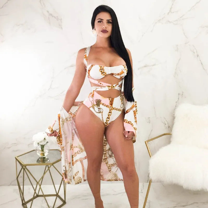 Split high waist bikini in white polyester with retro polka dot print and open back