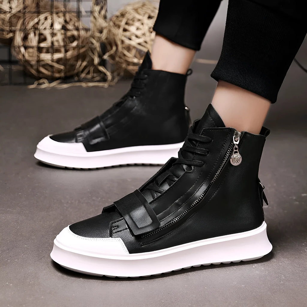 Black and white men's microfiber ankle boots with high-top sneaker design for winter wear