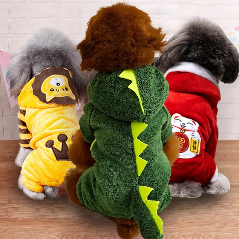 Coral fleece dog costume four-legged cartoon dinosaur style on a dog