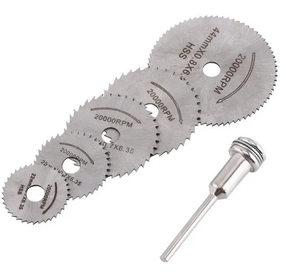 Set of 6 circular saw blades with mandrel for woodworking cutting applications