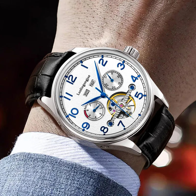 Men's stainless steel mechanical business watch with sapphire crystal and leather strap on wrist