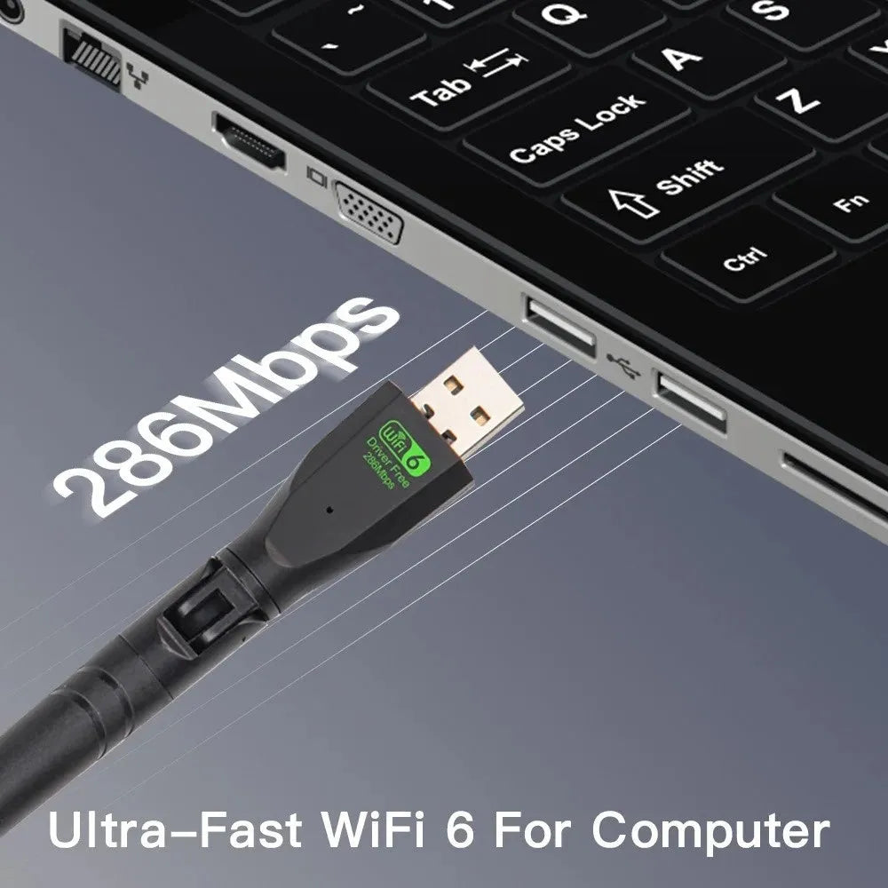 Black USB WiFi6 wireless network card with approximately 11cm length for desktop computer connectivity