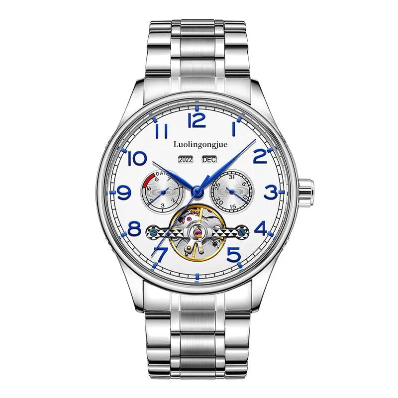 Men's stainless steel mechanical business watch with sapphire crystal and leather strap on wrist