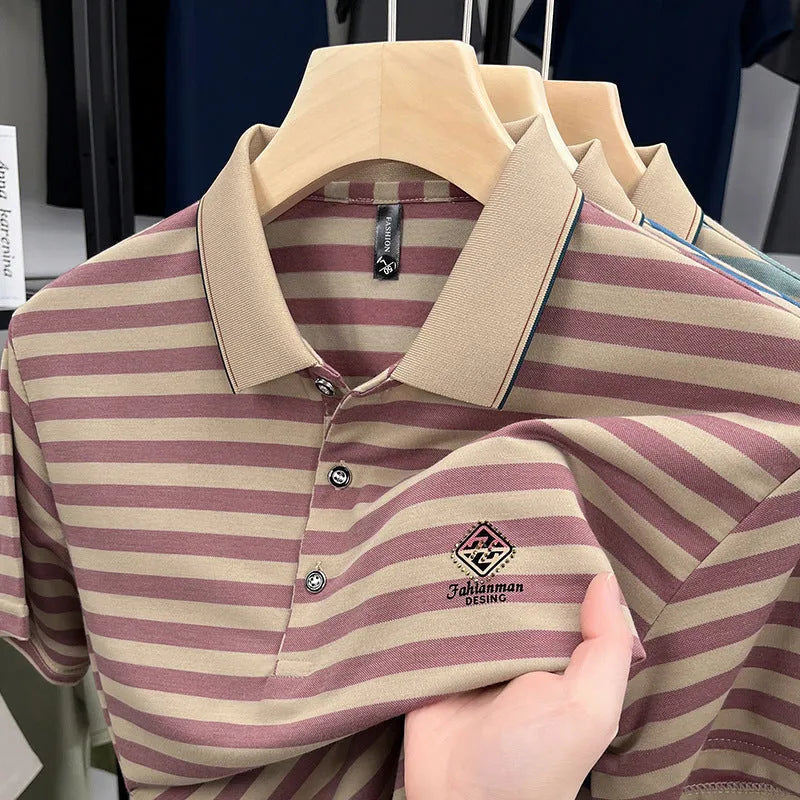 Man wearing a red striped short sleeve casual T-shirt with a mosaic pattern.