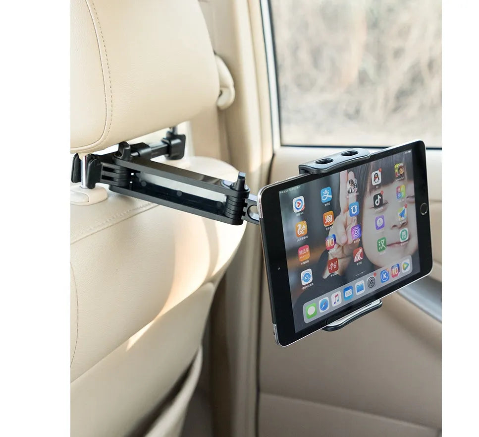 Black universal car phone and tablet holder mounted on a rear seat base.
