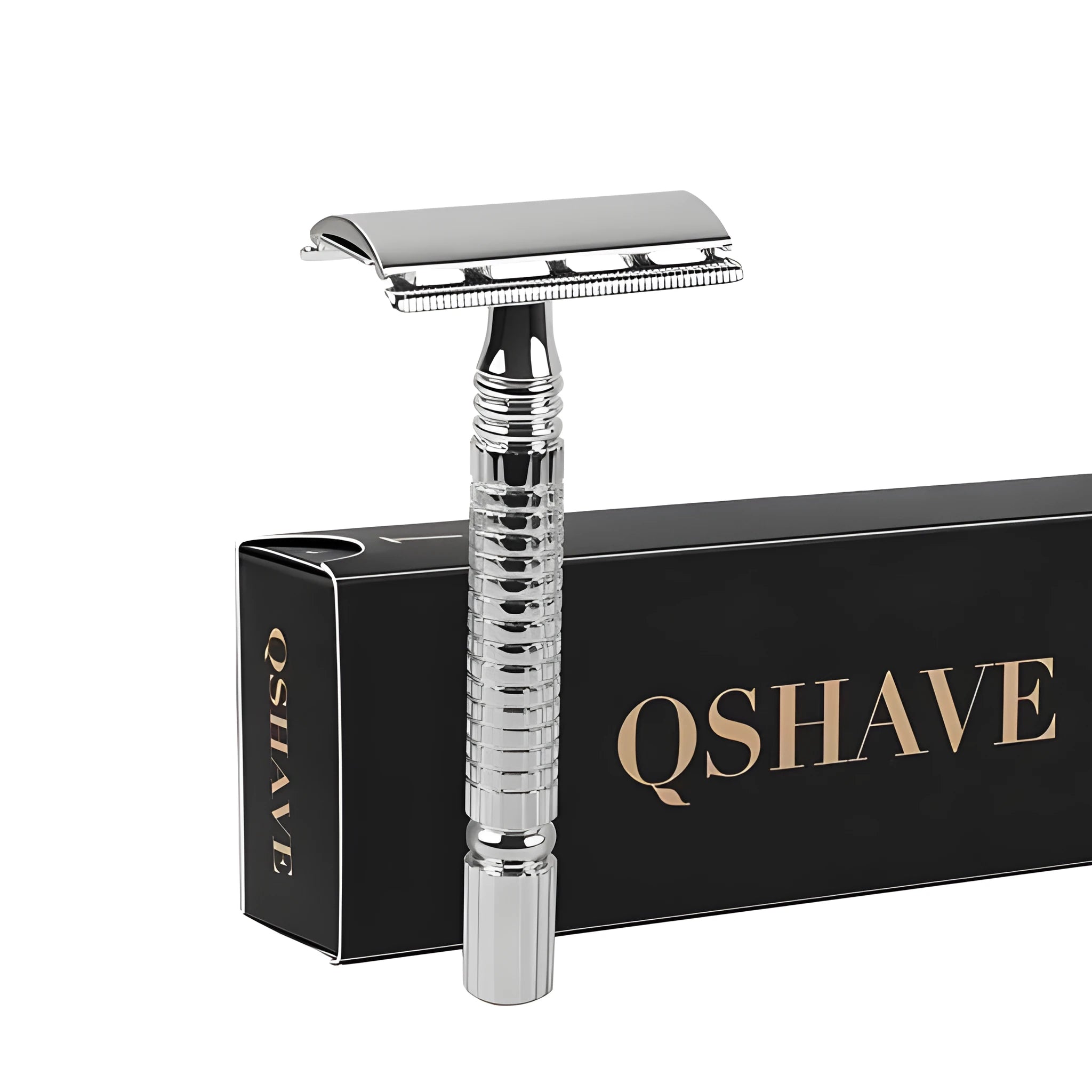 Chrome double edged safety razor with knurled brass handle and open comb head