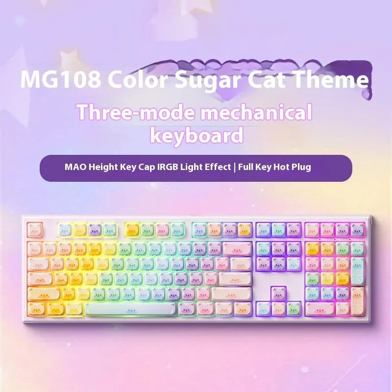 MG108B Coloured Sugar Cat Bluetooth mechanical keyboard with 108 keys and colourful design.