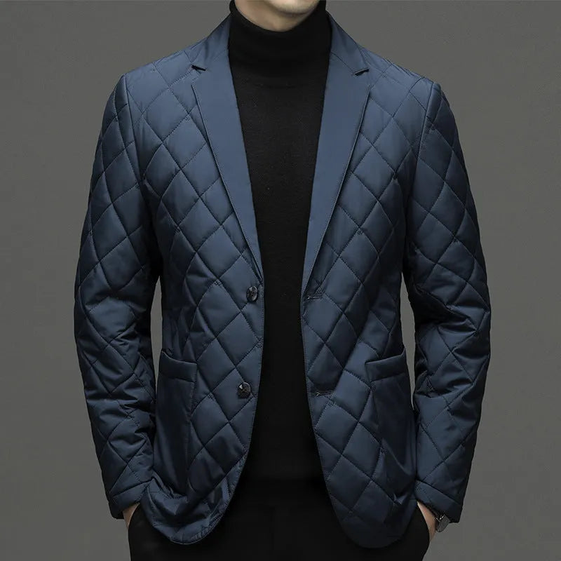 Men's thick winter down jacket in lapel cardigan style with side seam pockets