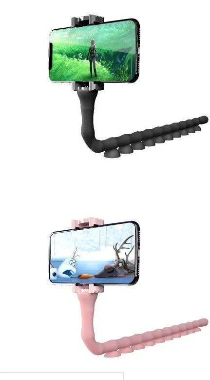 Flexible worm-style mobile phone holder with suction cup base showing 62cm reach and 360-degree rotation