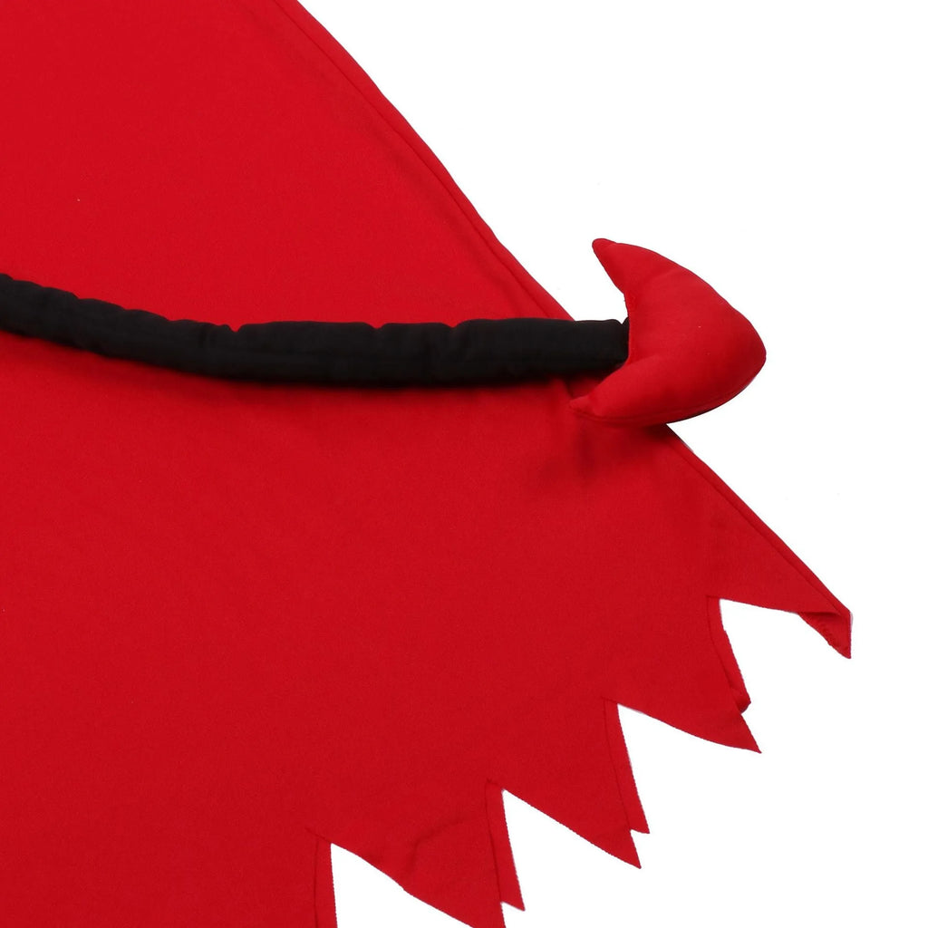 Red Halloween demon cosplay costume with serrated hem dress, horned hood, plush tail, wrist gloves, and translucent glasses