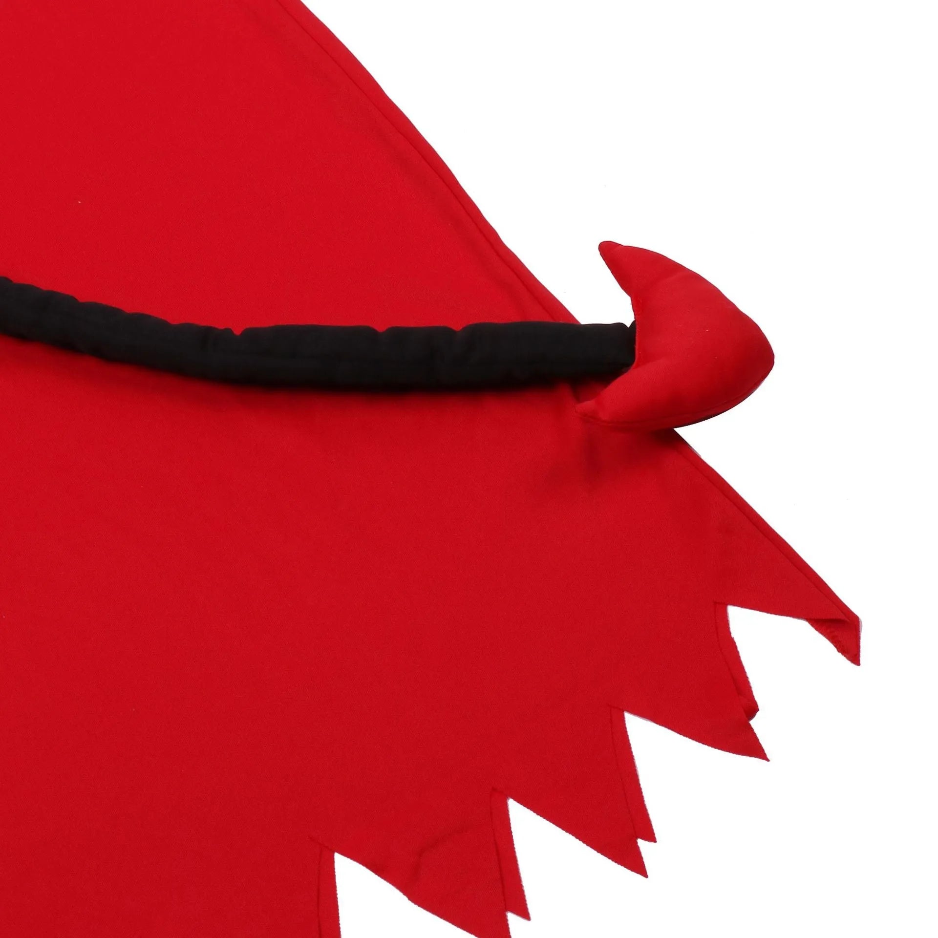 Red Halloween demon cosplay costume with serrated hem dress, horned hood, plush tail, wrist gloves, and translucent glasses