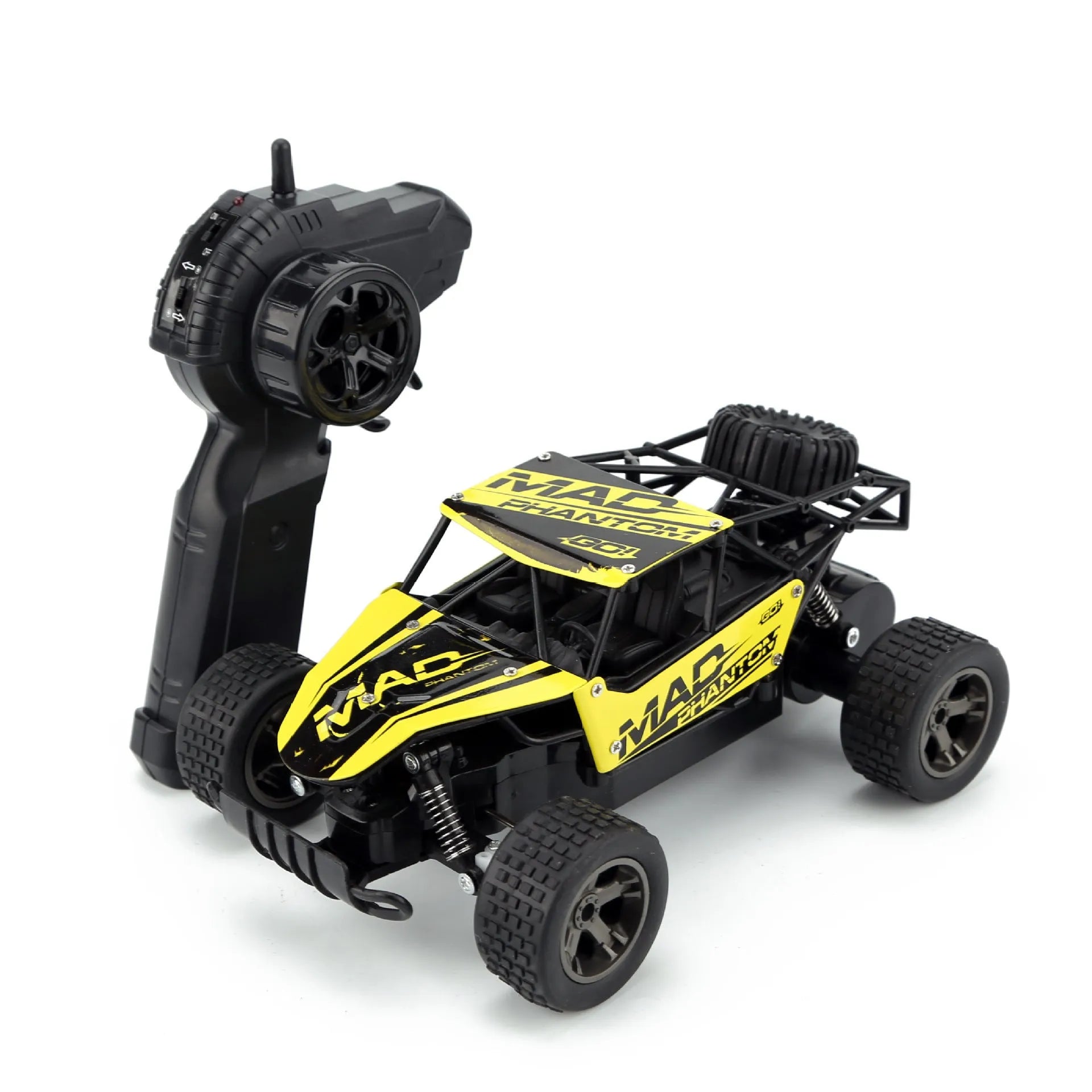 Blue 1:18 scale remote control drift car with 2.4GHz transmitter on black surface