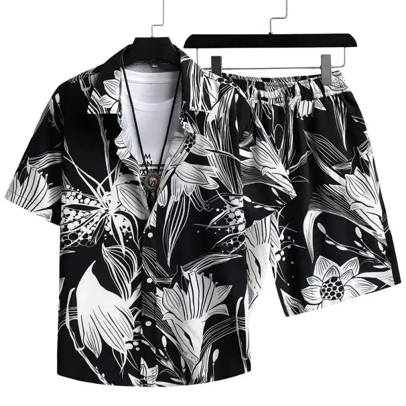 Men's casual digital print shorts suit with matching shirt, shown in colour Suit 52.