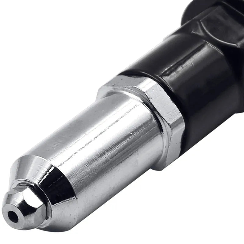 Black metal electric drill rivet gun with alloy steel forged head, 173mm long, shown with handle, wrench, and rivet heads.