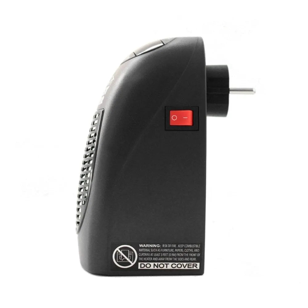 Compact black portable electric heater with digital display and a rotating plug.