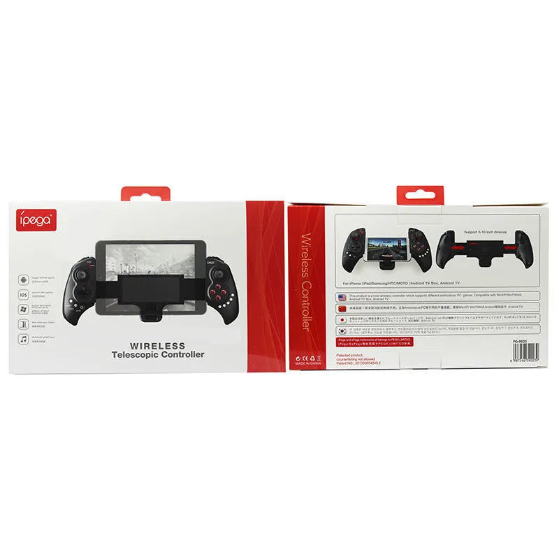 PG-9023 black telescopic wireless game controller holding a mobile phone