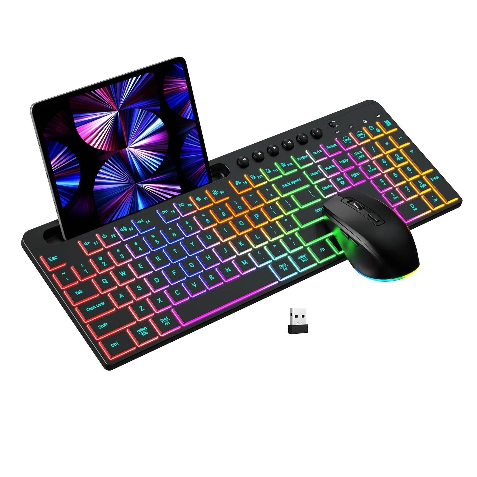 Wireless keyboard and mouse set showing luminous keys and integrated card slot with ergonomic design