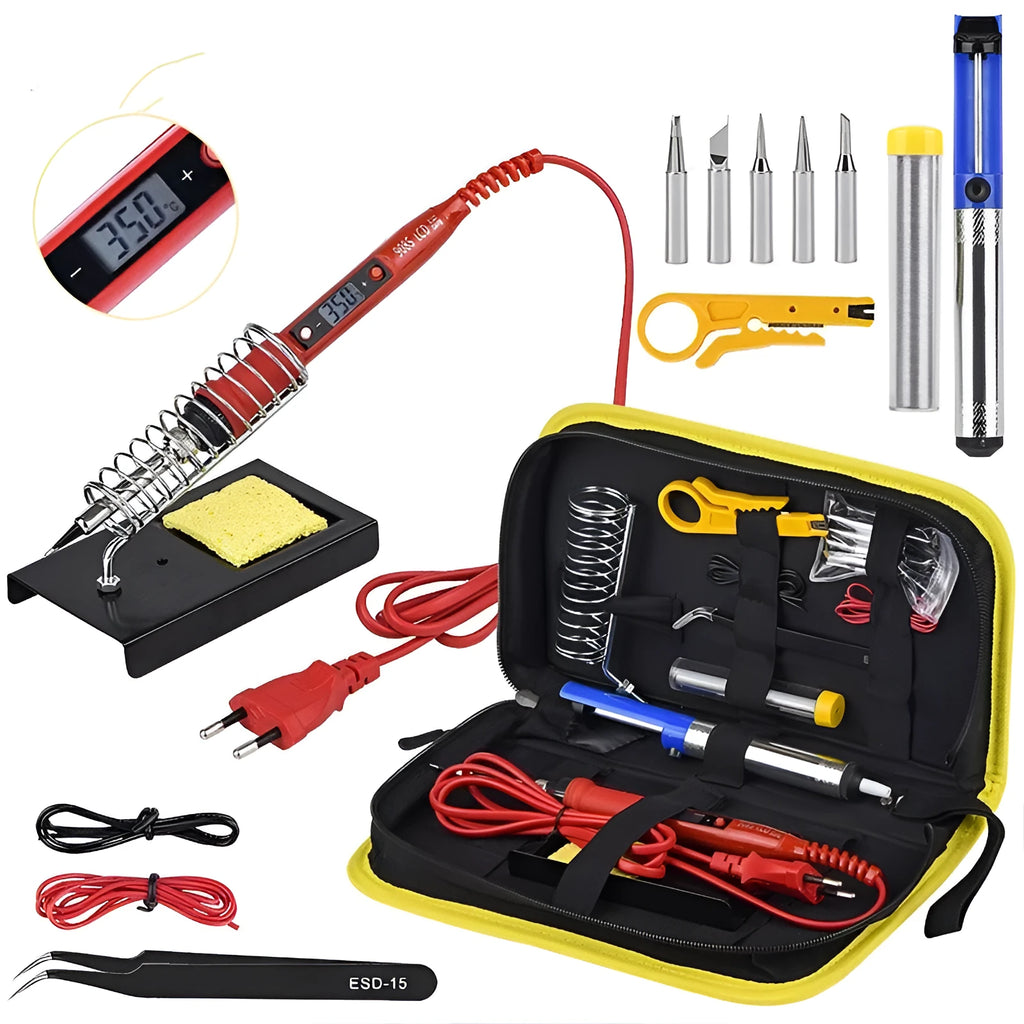 80W LCD adjustable temperature soldering iron kit with desoldering pump, five tips, stand, sponge, tweezers, wire stripper, and fabric case in black