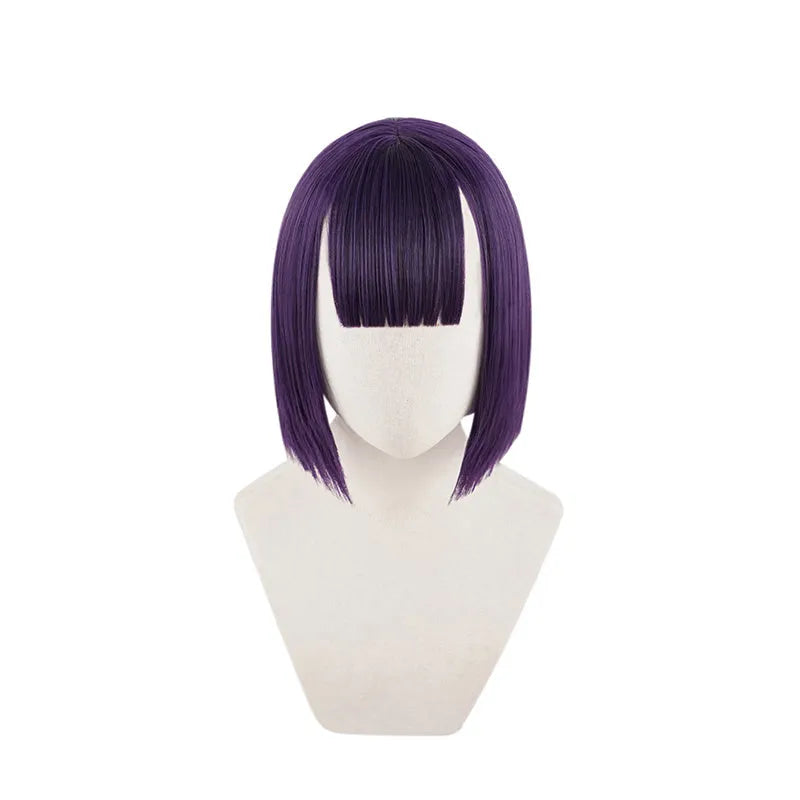 Short purple cosplay wig made from high temperature silk with rose net inner net for a natural look