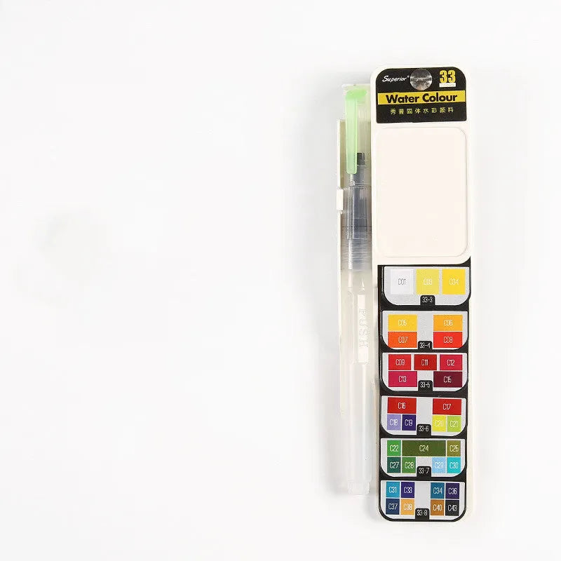 Fan-shaped foldable solid watercolour paint kit with transparent plastic box showing colour selection options