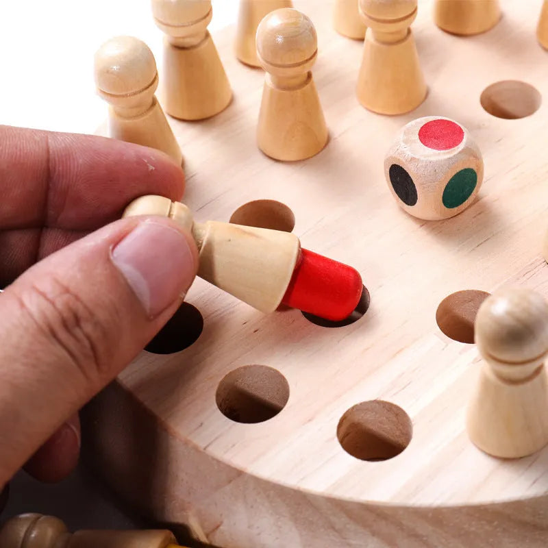 Children's beech wood memory chess educational game with board and pieces for colour recognition
