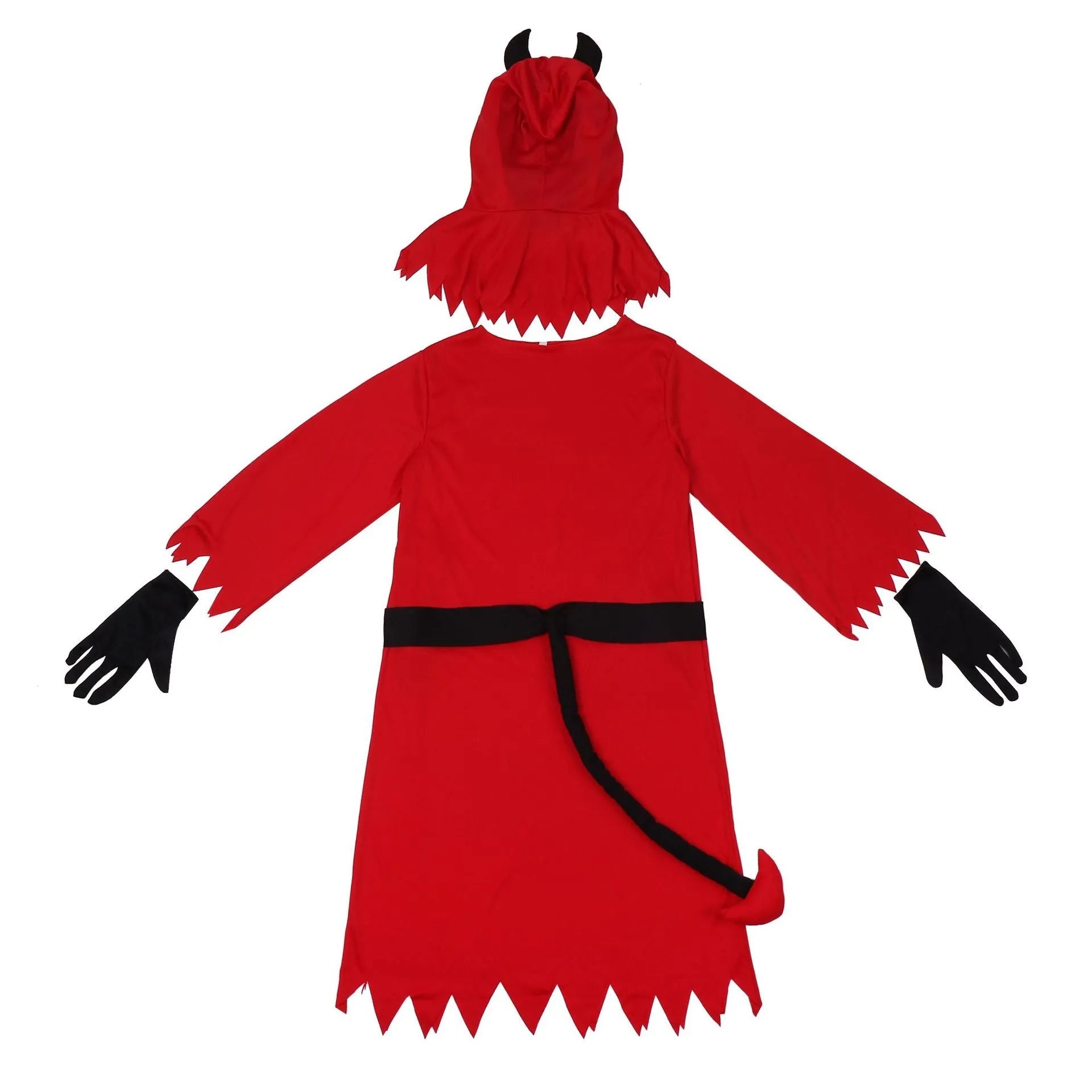 Red Halloween demon cosplay costume with serrated hem dress, horned hood, plush tail, wrist gloves, and translucent glasses