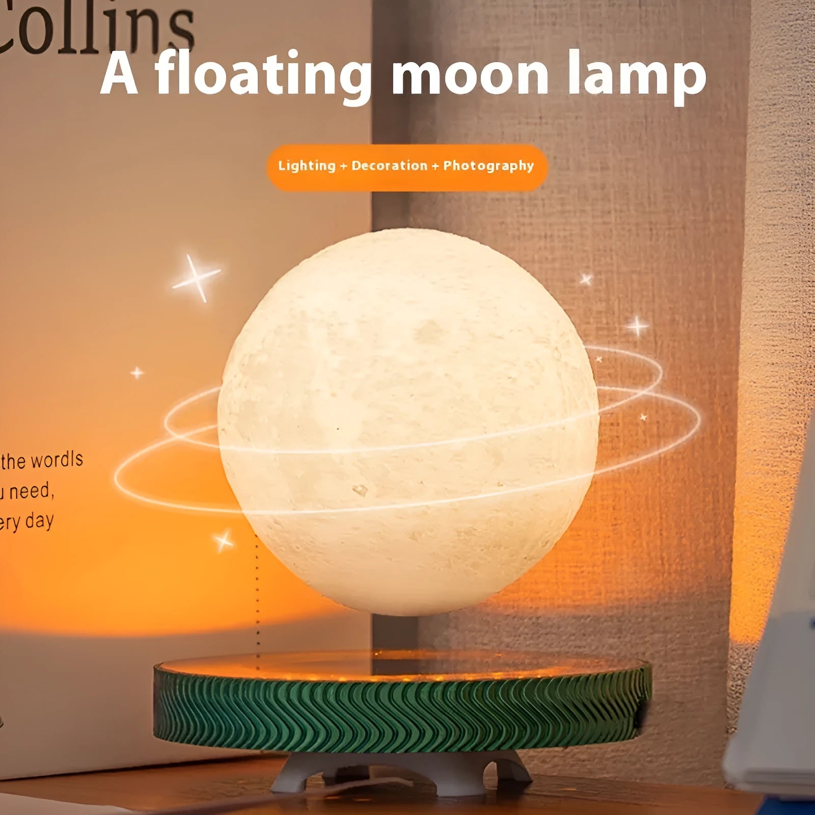 Small magnetic levitating moon lamp floating above its base on a table