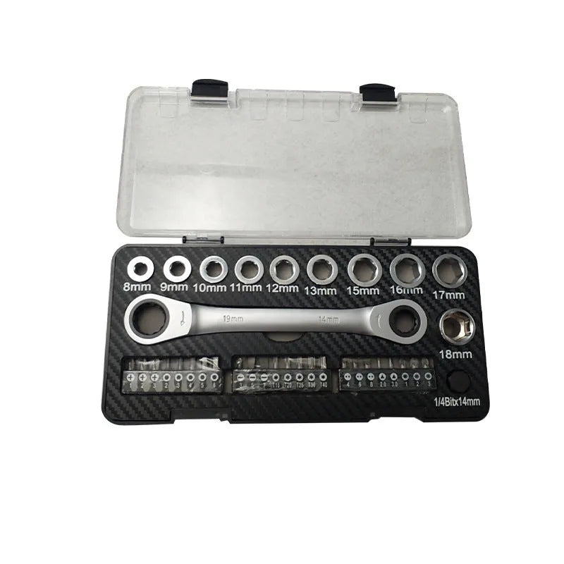 Ratchet wrench set with sockets and batch heads arranged around the dual-purpose tool