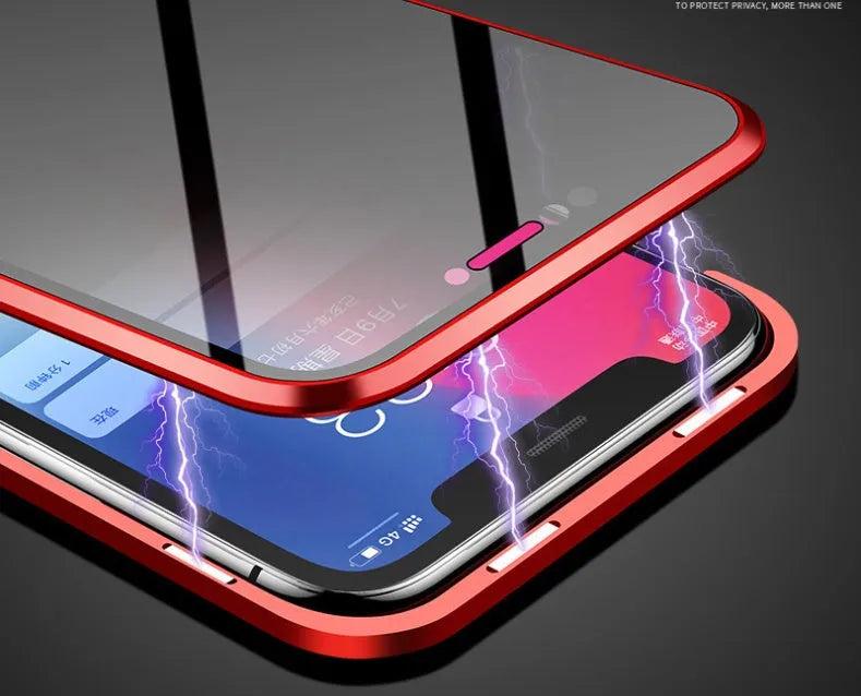 Black anti-peeping magnetic phone case for Samsung Galaxy shown in clamshell open position