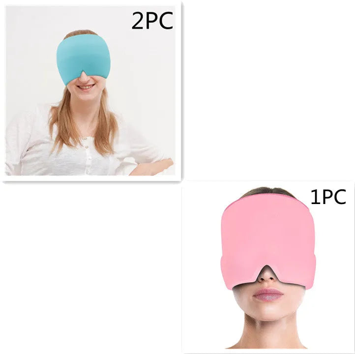 Black elastic cloth gel ice eye mask for headache relief, shown adjusted on a head model.