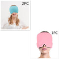 Black elastic cloth gel ice eye mask for headache relief, shown adjusted on a head model.