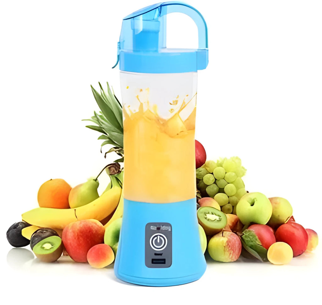 Blue handheld electric juicer with 400ml transparent cup and USB charging cable