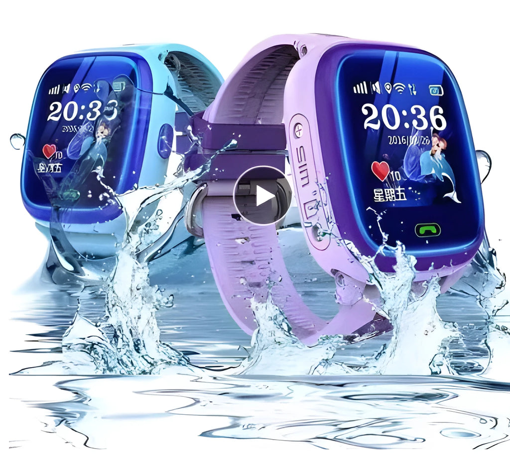 Blue children's waterproof smartwatch with touch screen and silicone wristband showing GPS tracking display
