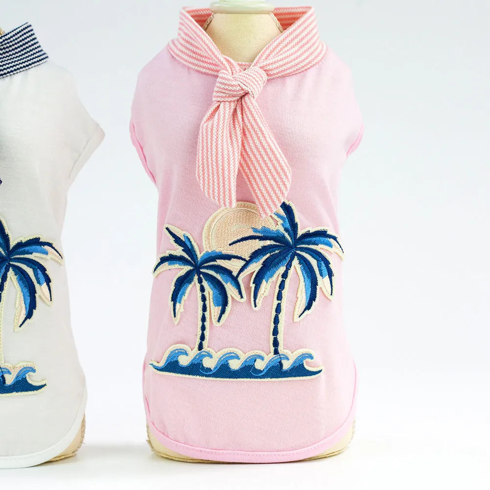 Cotton coconut tree embroidery pet clothing in pink for small to large dogs with casual style