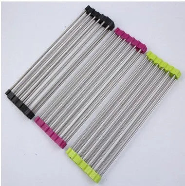Folding stainless steel kitchen sink drying rack in red colour, shown extended for use.