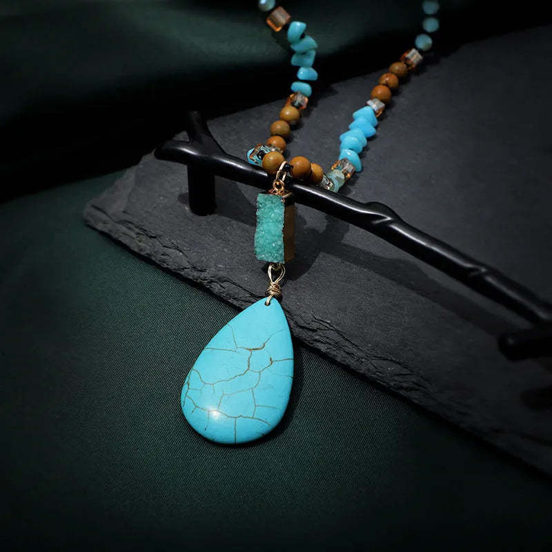 Blue turquoise necklace with large water drop pendant and imitation mineral gemstone detail