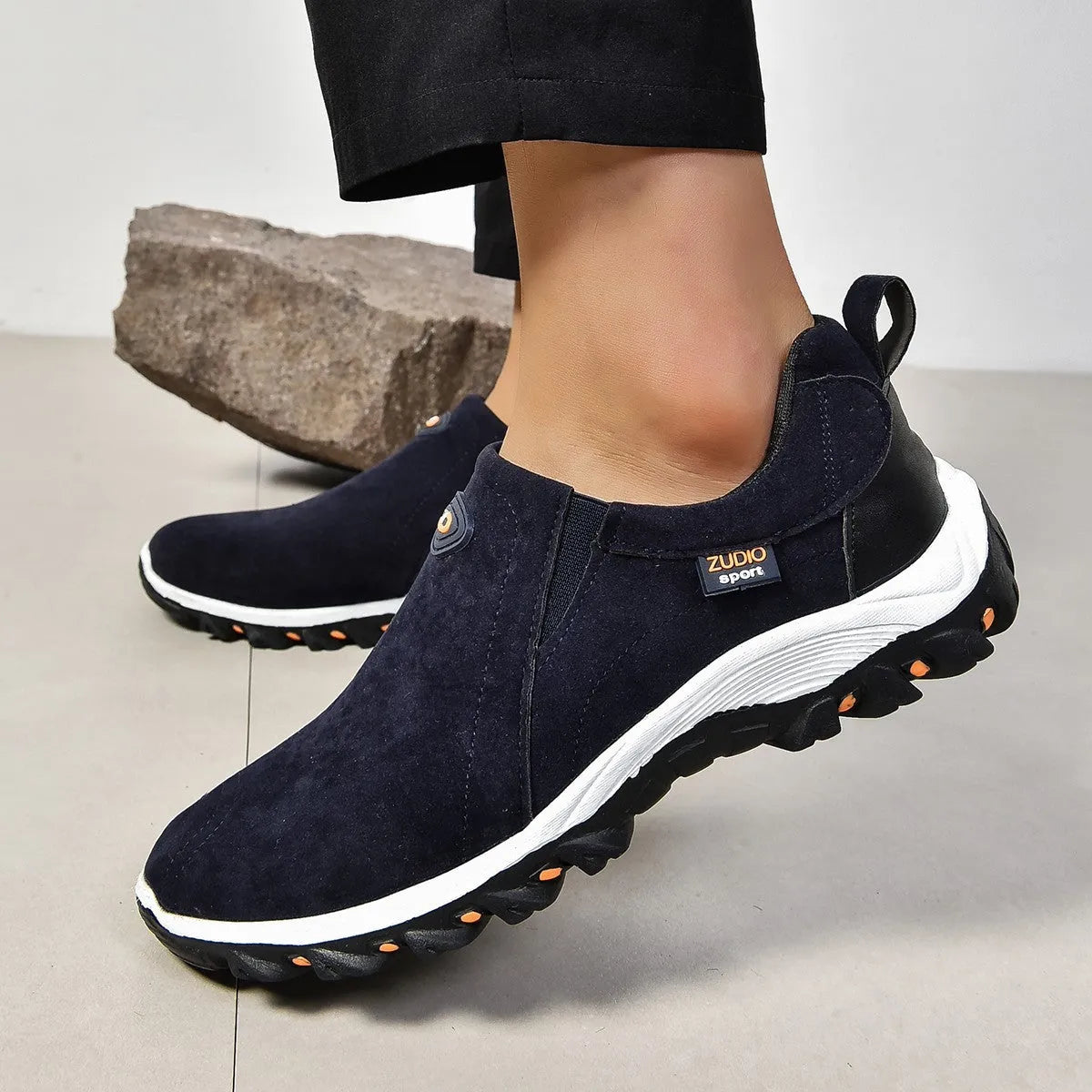 Men's round head fashion shoes in slip-on design with shallow mouth, showing colour options