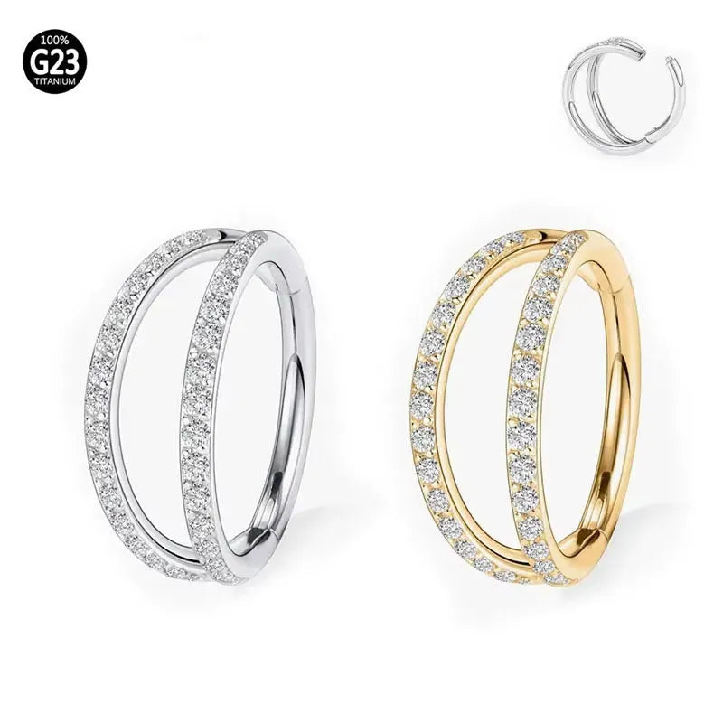 G23 titanium alloy nose ring with monoclinic diamond coating in steel or gold colour, showing size options.