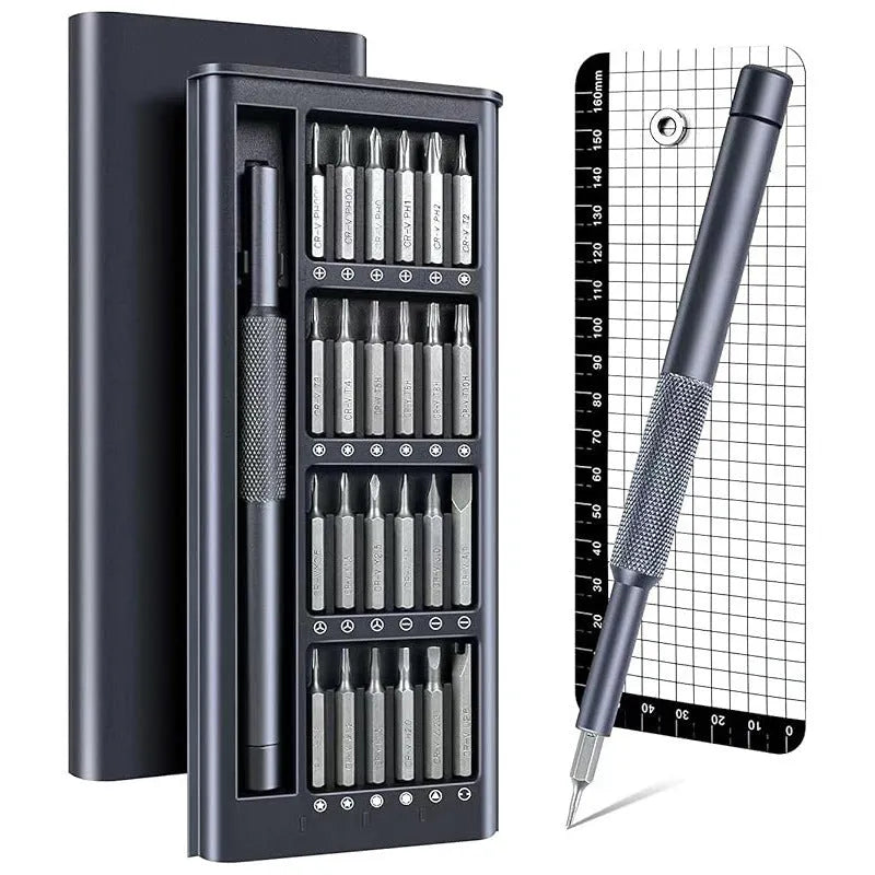 25-in-one magnetic screwdriver set with knurled handle, showing chrome vanadium steel bits.