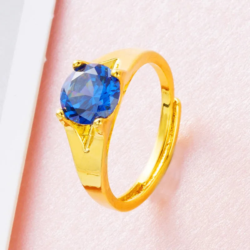 Women's adjustable copper ring with placer gold zircon stone, shown in multiple colour options.