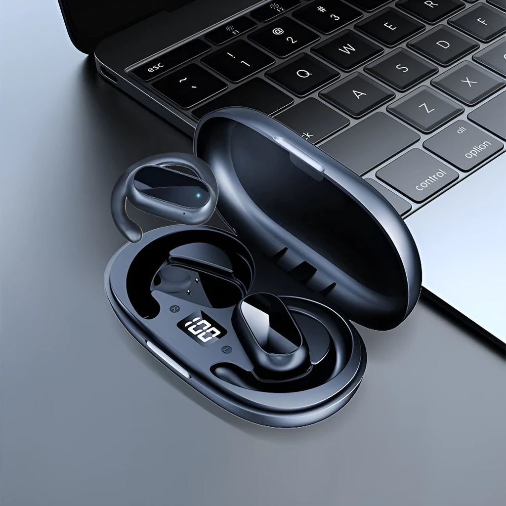 Dual ear-mounted noise reduction Bluetooth headset with digital display in black