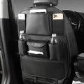 Leather car seat back storage bag shown in available colours: black, grey, green, and brown.
