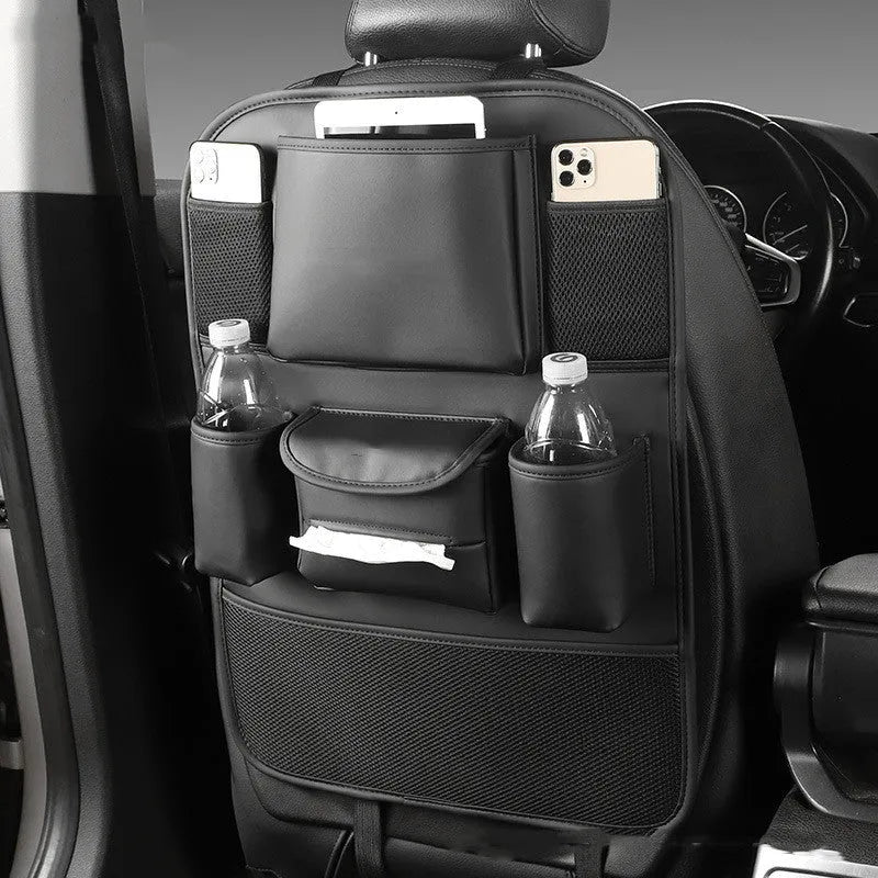 Leather car seat back storage bag shown in available colours: black, grey, green, and brown.