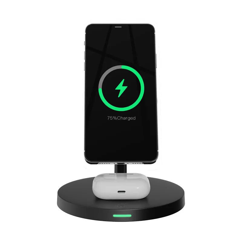 Magnetic three-in-one wireless fast charger in black with USB interface and data cable